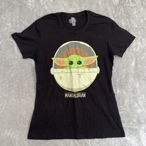 Star Wars Baby Yoda T-Shirt Women's Large Tee Grogu The Mandalorian Logo Black